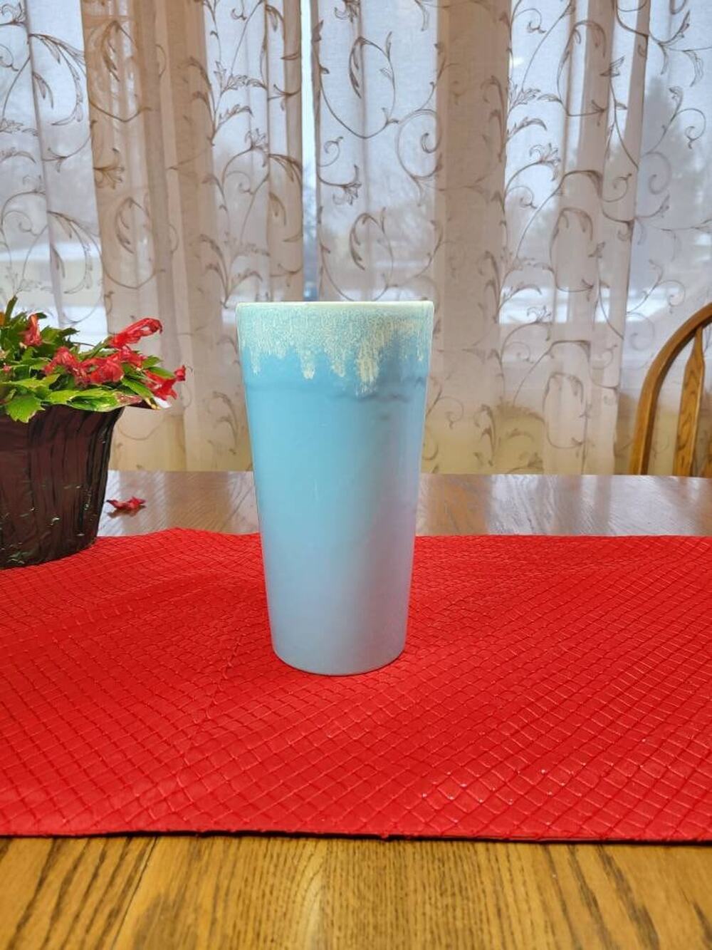 Vintage Hull Pottery Blue White Drip Vase MCM Ceramic Fantasy Line 9"